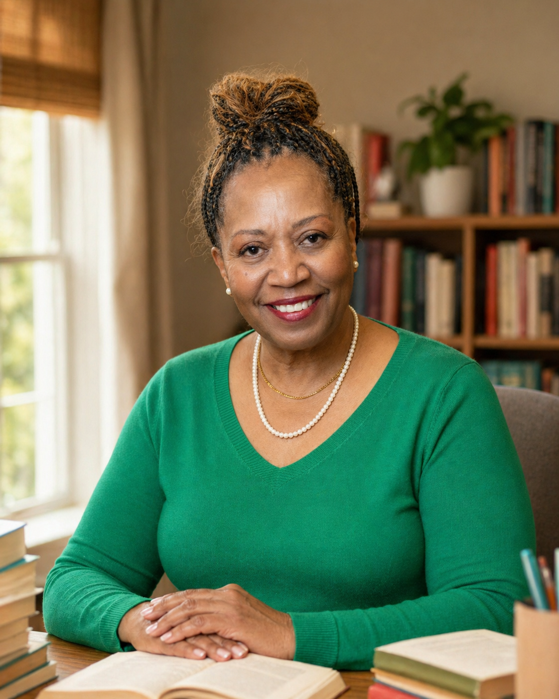Portrait of Miss Evelyn, a warm retired elementary reading teacher